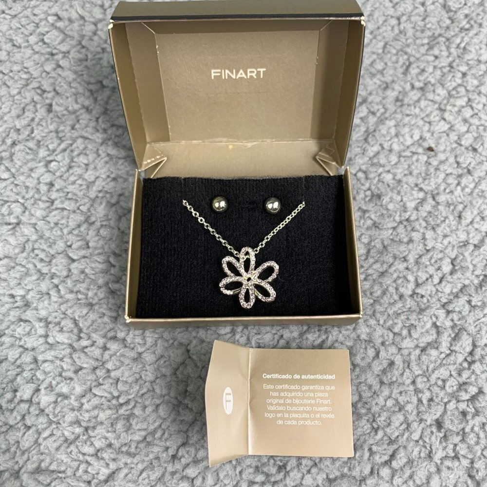 Finart Crystal Flower Necklace & Stud Earring Set NIB - Silver Tone